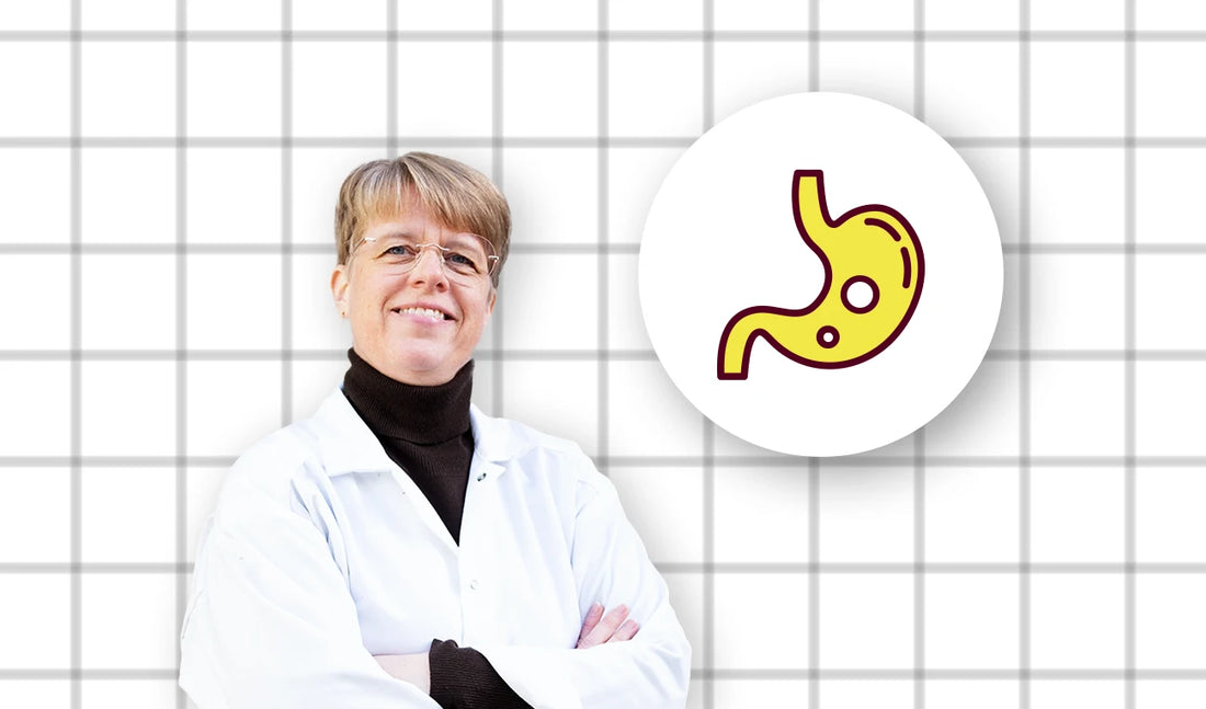 Doktor Elin brevid en symbol för en magsäck som symboliserar metabol hälsa