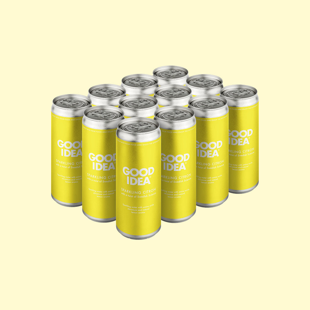 Ett flak med 12 stycken Good Idea blodsockerbalanserande bubbelvatten med smak av citron