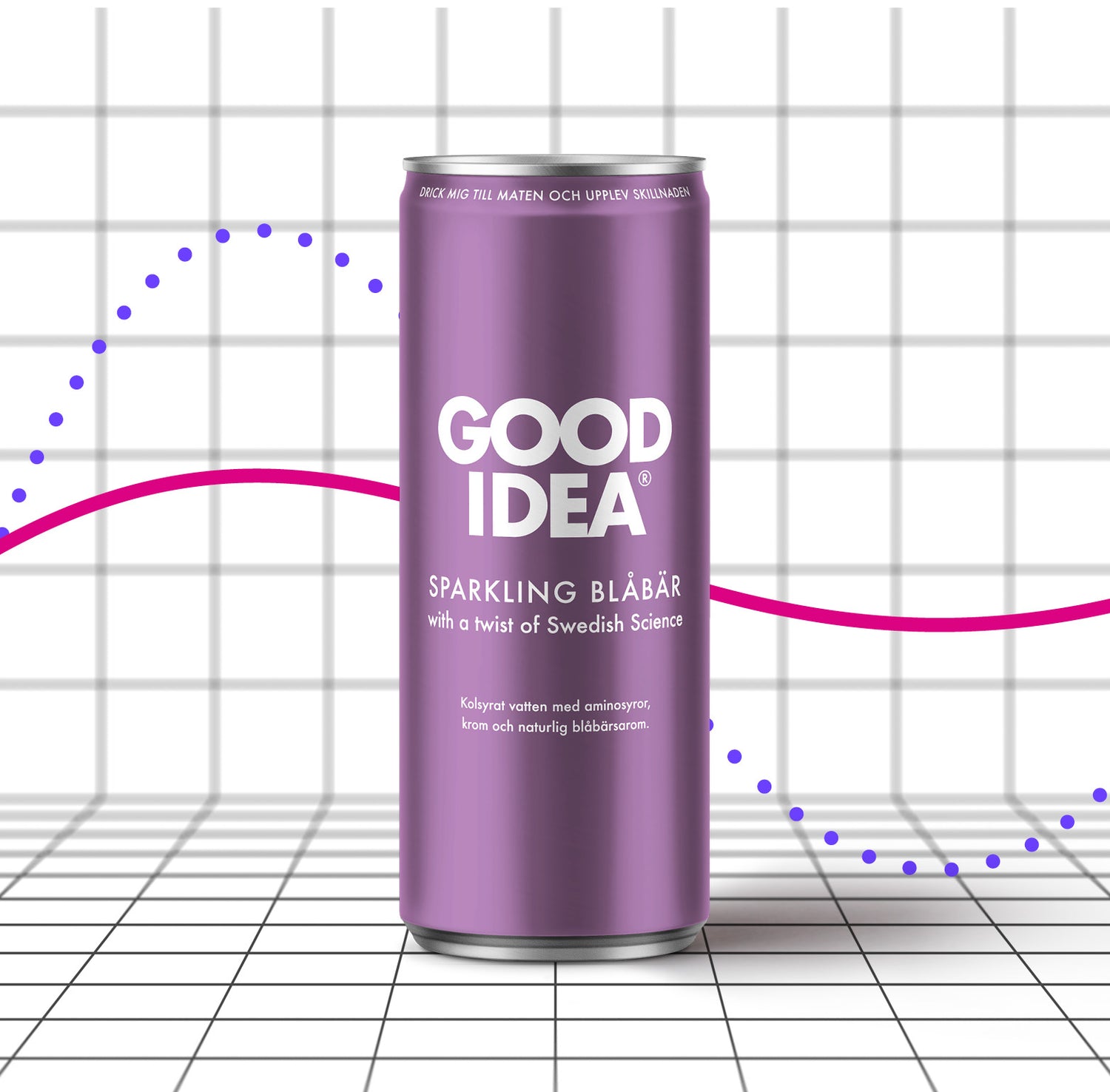En burk av den blodsocker balanserande måltidsdrycken Good Idea Sparkling Blåbär står framför två blodsockerkurvor i ett rutat rum.