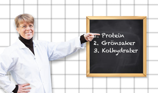 Dr. Elin visar på en griffeltavla en smart måltidsordning som är 1. Protein, 2. Grönsaker, 3. Kolhydrater